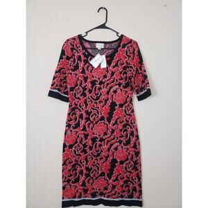 Y2K Beige by eci Womens Sweater Dress Size M Red Stretch Floral Office Siren